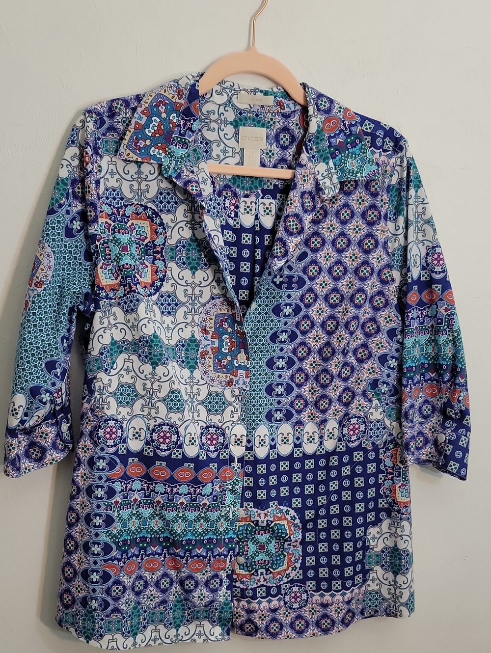 Chico's Blue Multi Patchwork Button-Down Shirt